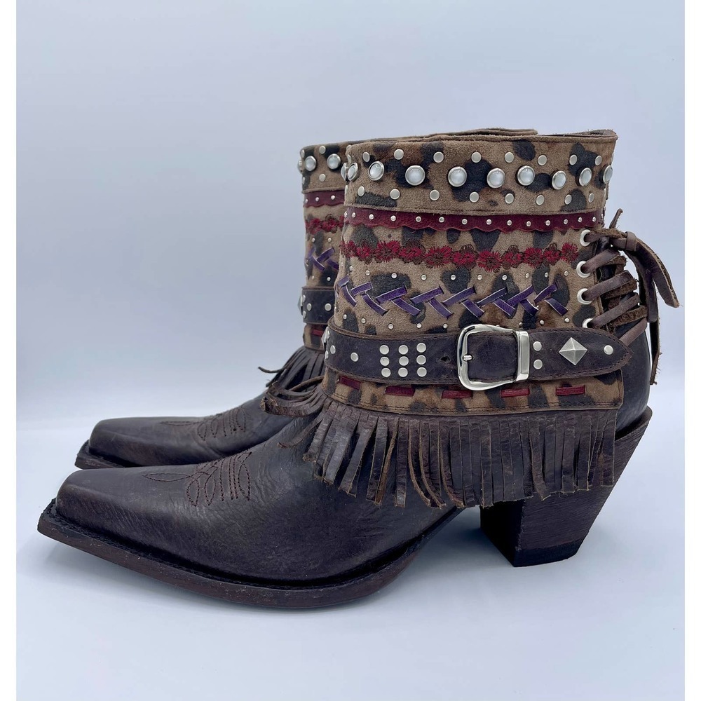 Old Gringo Boots Ankle Western Cowboy Studded Fringe Embroidered Brown 7.5